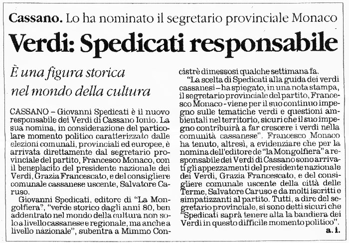 Spedicati nominato responsabile dei Verdi di Cassano Ionio